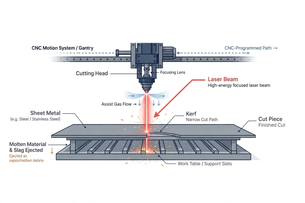 laser cutting sheet metal process diagram.
