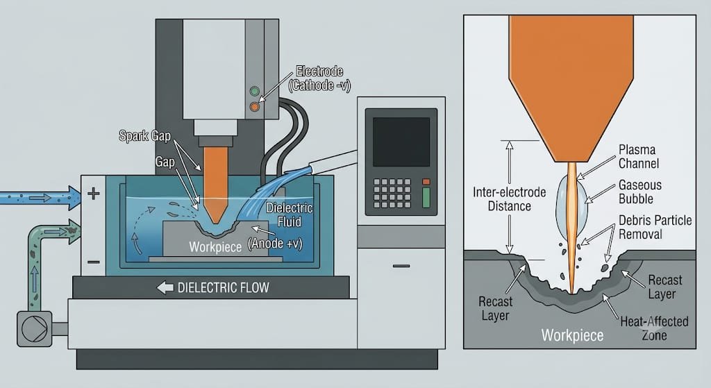 Electrical discharge machining (EDM) process diagram