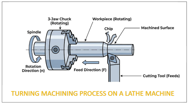 Turning machining process on a lathe machine diagram