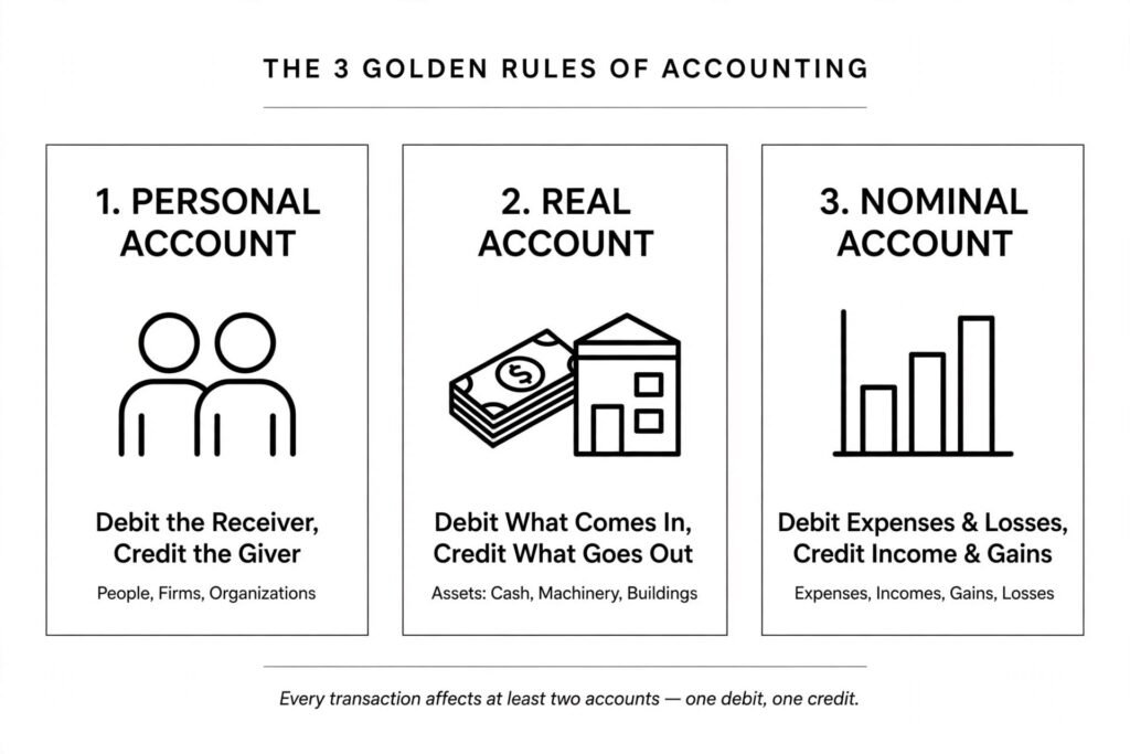 The three golden rules of accounting, mapped to their account types.